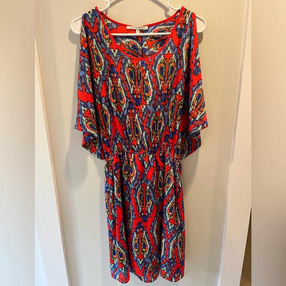 Collective Concepts Red and Blue Aztec Print Midi Dress Size Small
